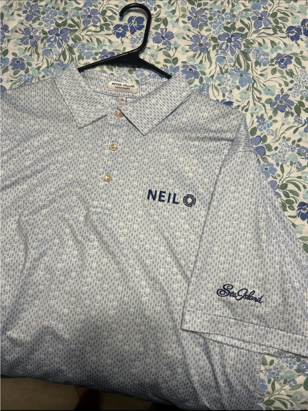 Peter Millar Light Blue Geometric Print Polo with 'NEIL' Embroidery XL